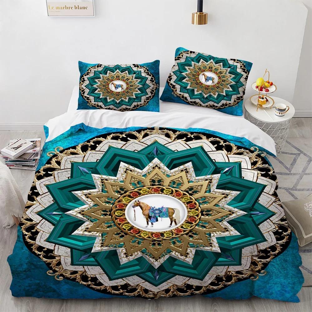Mandala Duvet Cover Set Boho Style Horse Pattern Chic Polyester Comforter Cover King Twin Size for Teens Adults Boys Bedding Set