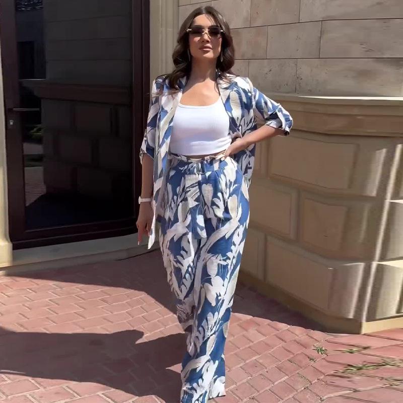 

2024 Осень Европейский и Американский Повседневный Модный Комплект из Двух Предметов: Принтованный костюм и длинные брюки для женщин XXL синий