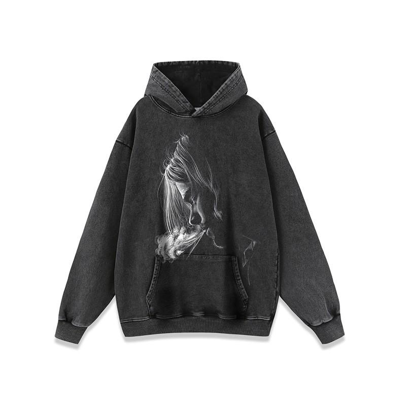 Mens Oversized Hip Hop Hoodie Vintage Washed Cotton Long Sleeve Streetwear Sweatshirt