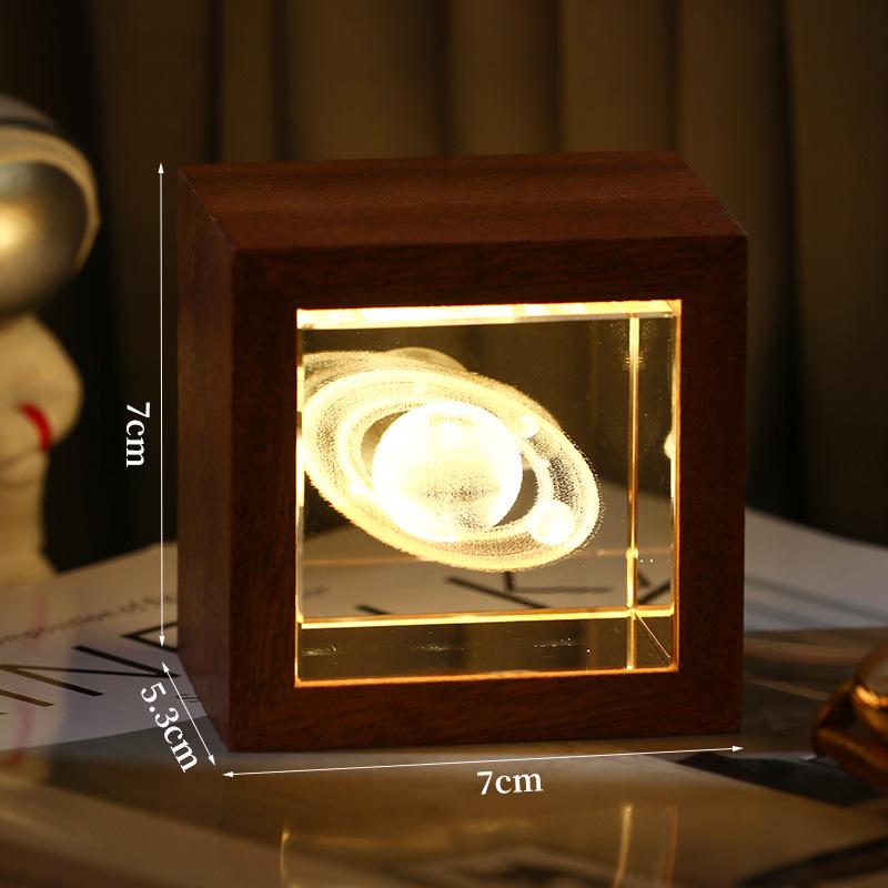 3D Galaxy Crystal Cube Night Light with Wooden Base - Illuminated Desktop Ornament, Perfect Birthday Gift