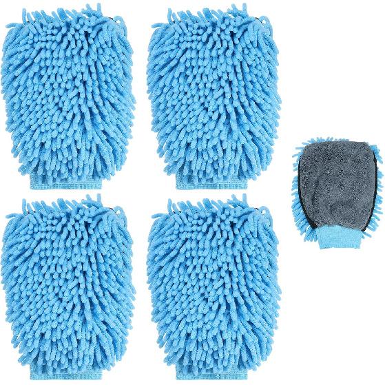HARFINGTON 4pcs Chenille Microfiber Car Wash Mitts 9.8" x 7.9" Scratch Free Wash Gloves Absorbent Double Sided Plush Cleaning Drying Mitts for Car