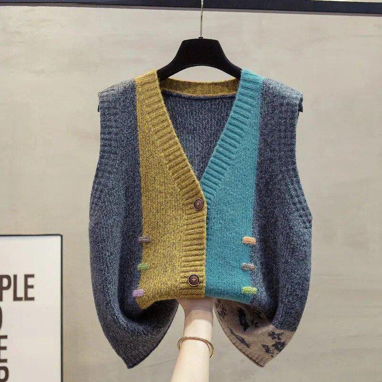 Color Block Sleeveless Sweater for Middle-Aged and Elderly Women - Versatile Knit Top for Spring/Autumn