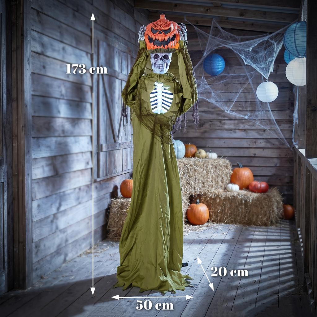 Animated Pop-up Pumpkin Skeleton, 173 Cm, Spooky Halloween Decoration with Light, Sound and Touch Activation