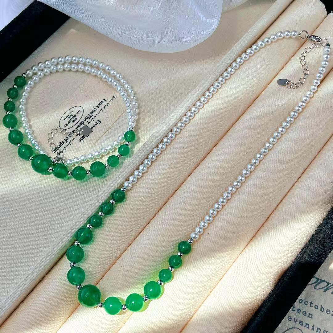 

Vintage French Romantic Natural Chalcedony Gradual Change Smile Artificial Imitation Australian White Pearl Collarbone Chain Necklace