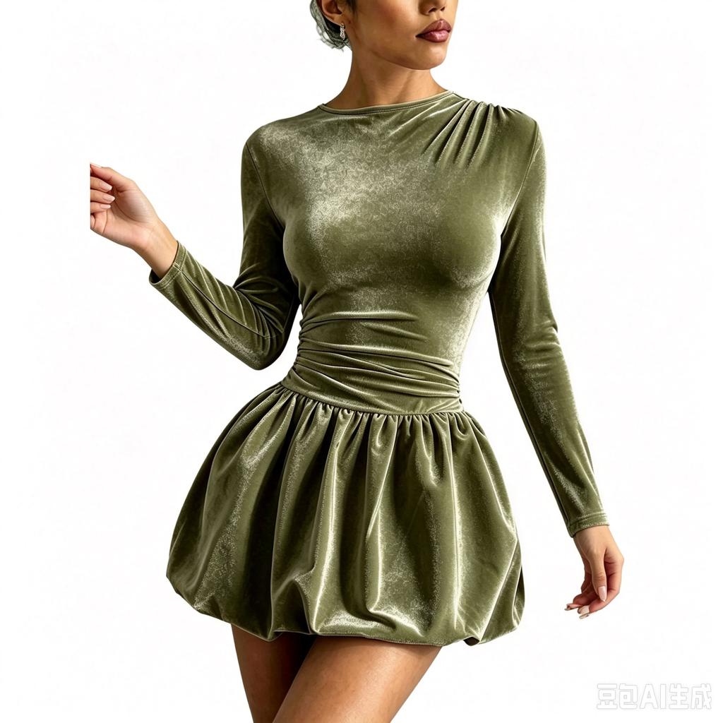 Women's Fashion Long Sleeve Stand Collar Belted A-Line Swing Dress