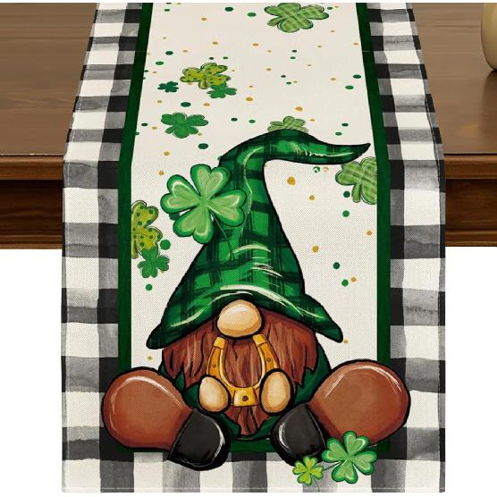 St.Patrick's Day Green Shamrocks Buffalo Plaid Table Runner 13x72 Inch Spring Holiday Clover Kitchen Dining Table Decor for Indoor Outdoor Farmhouse