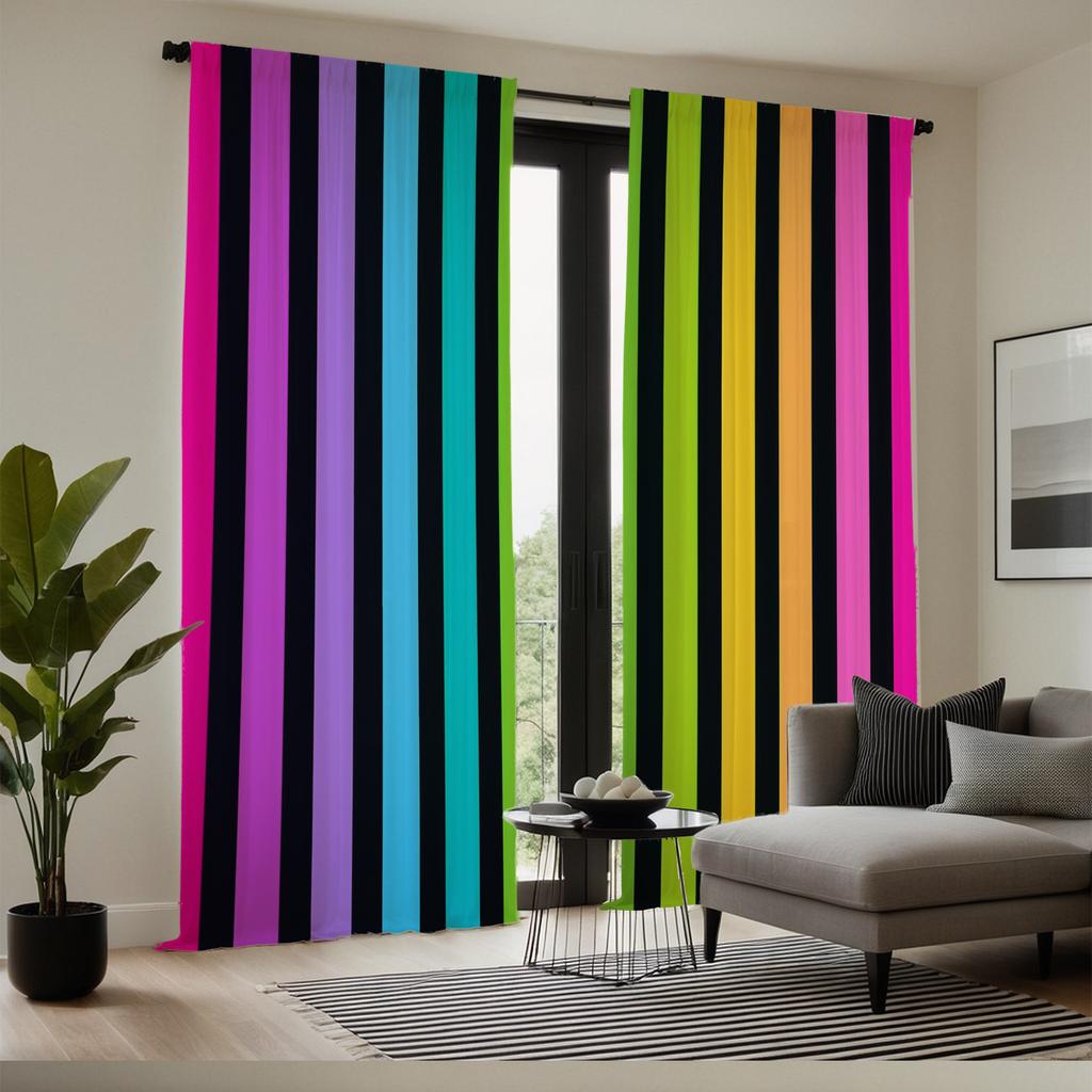 Set Of 2 Rainbow Striped Curtains Pink Black Purple Blue Green Yellow Gold Semi Transparent Living Room Bedroom Decor Made Polyester Sitting Window