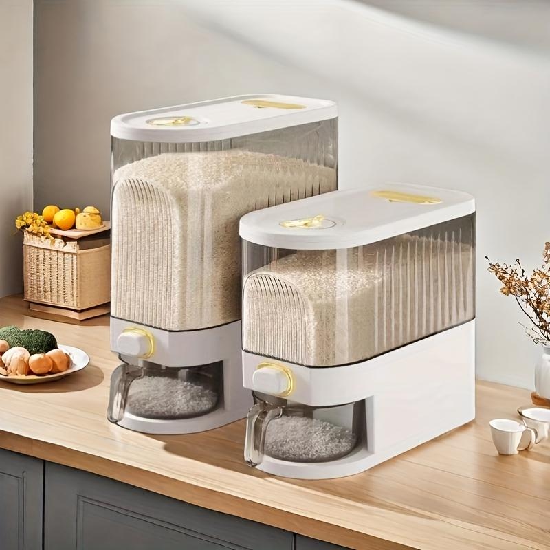 Großer 2-in-1-Reisspender und Vorratsbehälter für trockene Lebensmittel mit Messbecher und Zeitskala, Küchen-Organizer aus Kunststoff mit Klappdeckel für Getreide