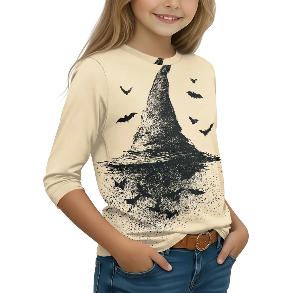 Kids Halloween Printed T-Shirt with Pumpkin Witch Design, 7/8 Sleeve Round Neck Top for Daily Wear