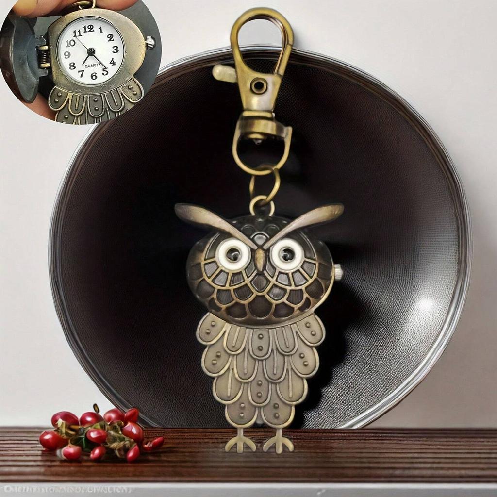 Vintage Noble Owl with Diamond Keychain Watch Hanging Watch Quartz Watch Men's and Women's Creative Gift Keychain Watch