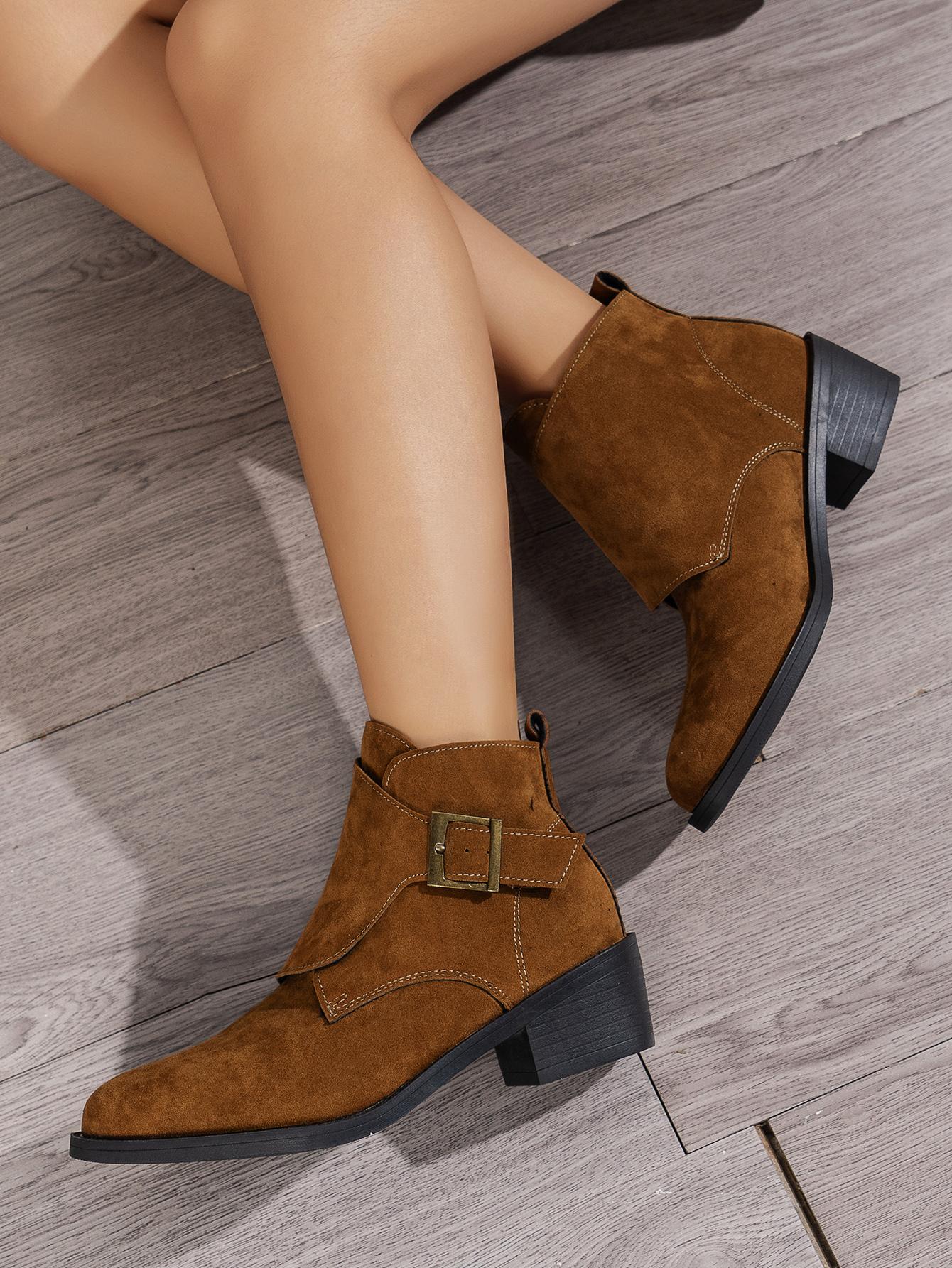 

2024 Осенние Повседневные Женские Ботильоны в Ретро Модерн Стиле Женские Ботинки с Пряжкой на Ремне Острый Носок Квадратный Каблук Обувь Женская Zapatos 37 верблюд