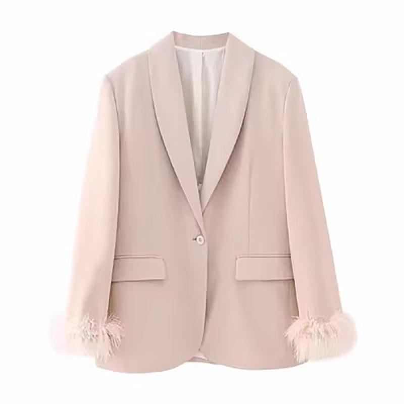 

Жіноча мода атласна чорна з пір ям Блейзер Жакет Вінтаж Зубчастий виріз одного ґудзика довгими рукавами жіночий одяг L абрикосовий