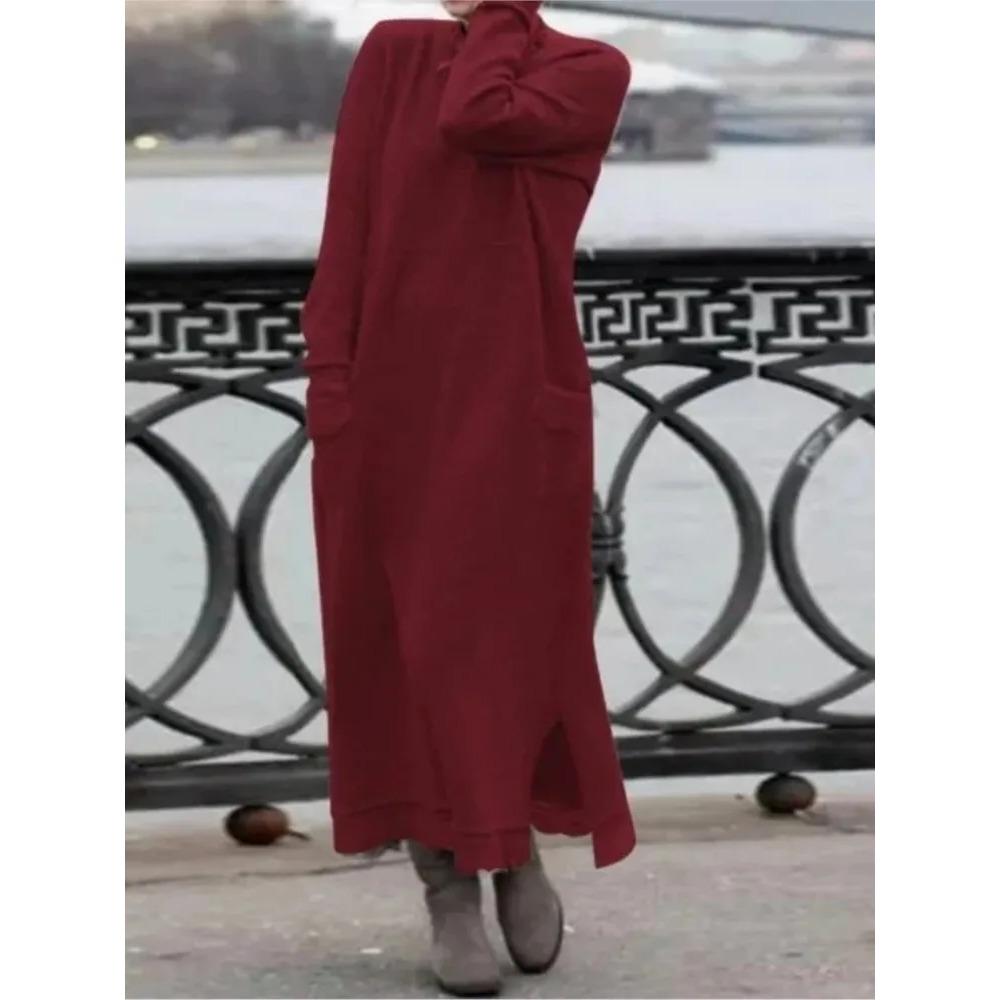 Yeni Sonbahar ve Kış Gevşek Uzun Etek Artı Kadife Sweatshirt Günlük Elbise Kadın Moda Düz O Yaka Uzun Kollu Tatil Elbisesi