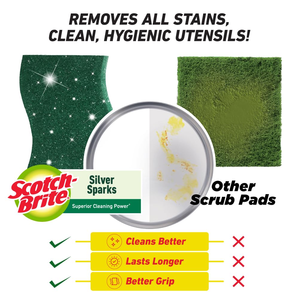 Pulizia della spugna Scotch-Brite Silver Sparks per la pulizia delle stoviglie (Lavaggio dei piatti quotidiano)- Pacchetto 6