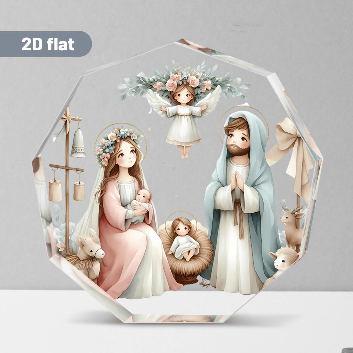 

1pc Nine-Sided Acrylic Desktop Ornament - Classic Christmas Scene with Mary, Joseph & Youngsters, Frameless, No Electricity Needed, Ideal 8.6*9cm