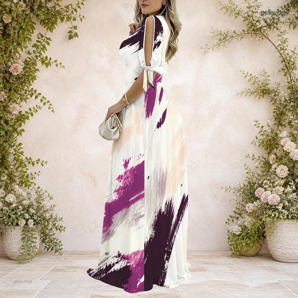 Women Plus Size Cold Shoulder V Neck Tie Cuff Short Sleeve Swirl Printed A Line Long Dress