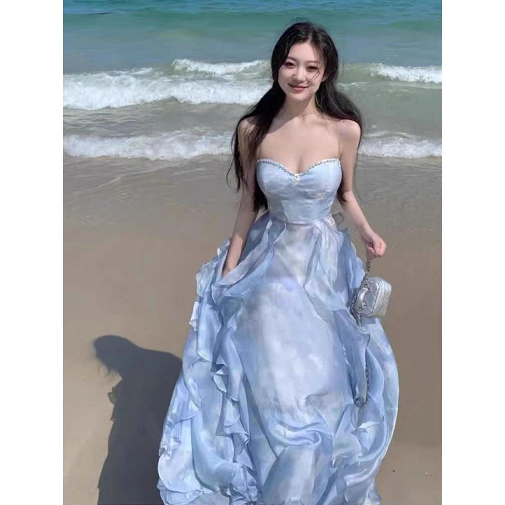 Coffee Break French Blue Suspender Dress Women's Summer New Seaside Vacation Beach Dress Sunset Fairy Skirt