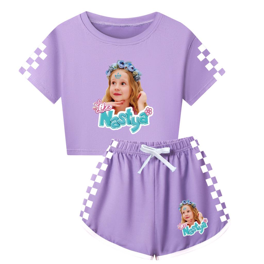 

5530 Kids Girls Nastya Print Short Sleeves T-Shirt Shorts Pants Sport Clothes Set 140cm фіолетовий