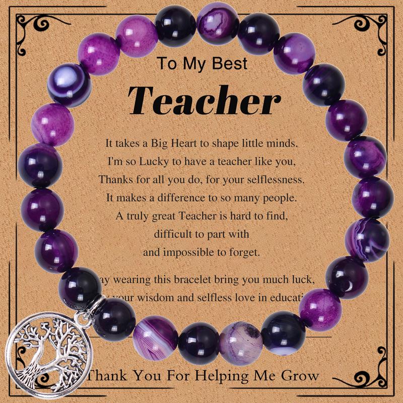 Teacher's Day Gift: 8mm Pink Zebra Stone Bracelet with Tree of Life Pendant