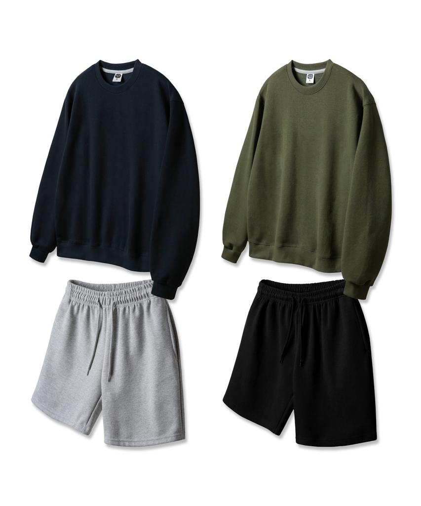 ALVINCLO [Set] Plain Regular Fit Sweatshirt / Cotton Elastic Waist Sweat Shorts Set