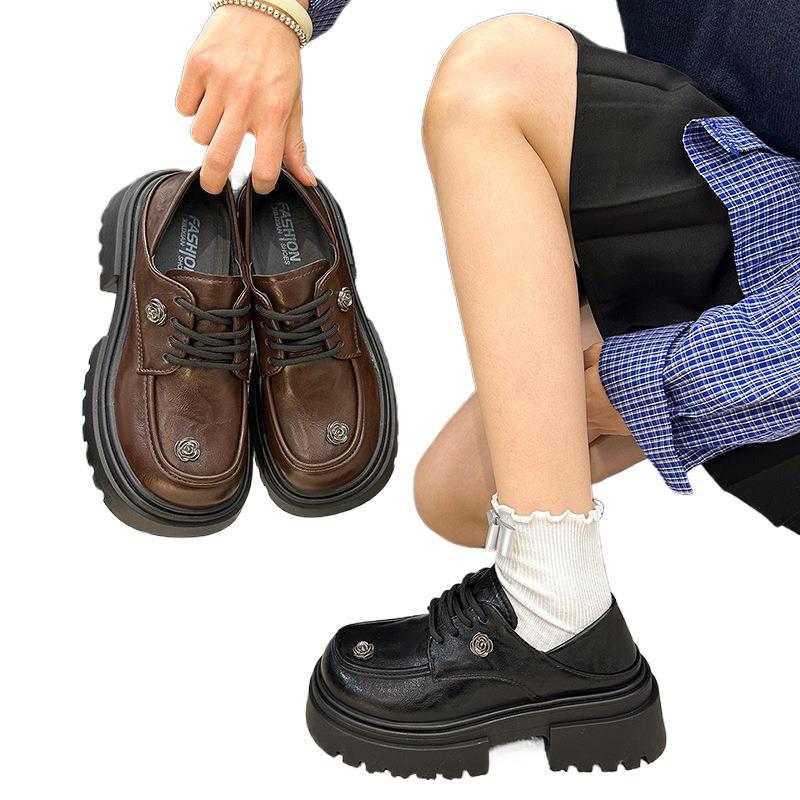 British Style Platform Rose Small Leather Shoes Spring 2025 New College with Skirt Retro Height-increasing Single Shoes Women