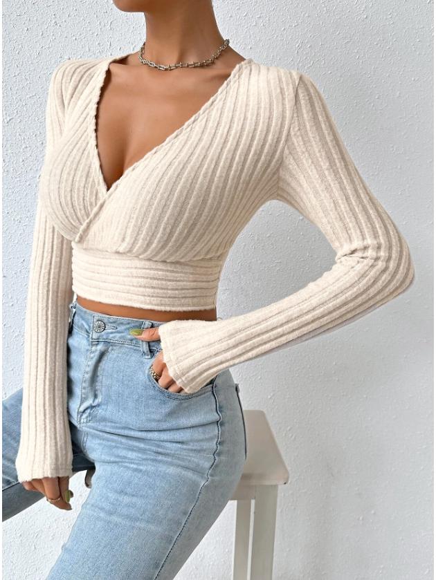 2026 European & American Style Deep V-Neck Slimming Sexy Long-Sleeve T-Shirt for Women Extra Large
