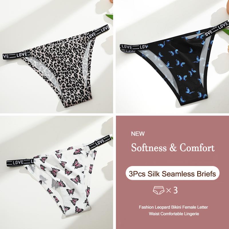 3Pcs Silk Seamless Women's Panties Sexy Flower Butterfly Briefs Fashion Leopard Bikini Female Letter Waist Comfortable Lingerie