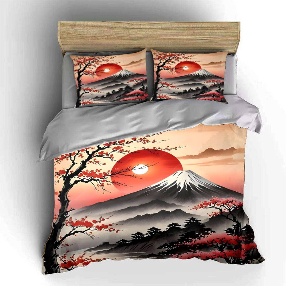 Cherry Blossom Mountain Decor Set Soft Skin-Friendly Bedding Set Includes 1 Duvet Cover And 2 Pillowcase Gift