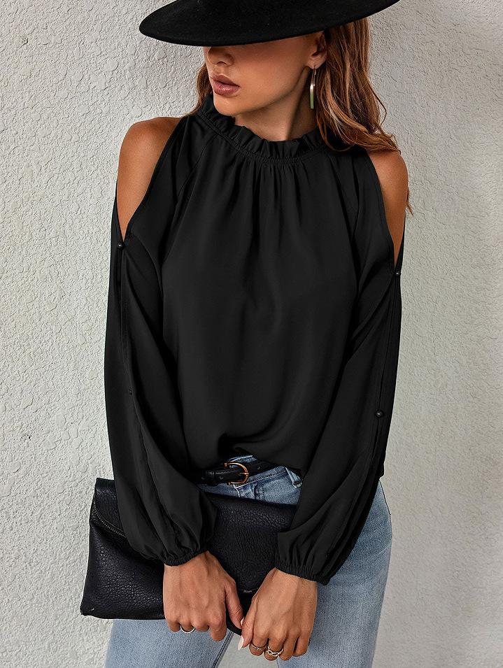 European Autumn/Winter Women's Off-Shoulder Top - Solid Color, Ruffle, Half-High Collar, Long Sleeve.