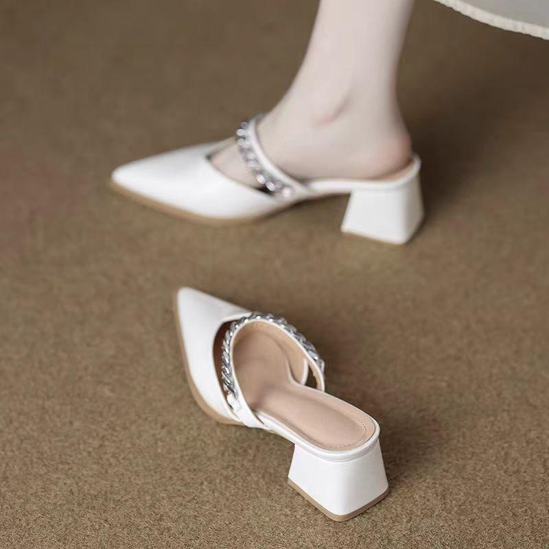 Fashion Summer New Baotou Sandals Pointed Toe Shallow Mouth Metal Chain One Slip Strap Anti-slip Outer Wear Square Heel High Heels