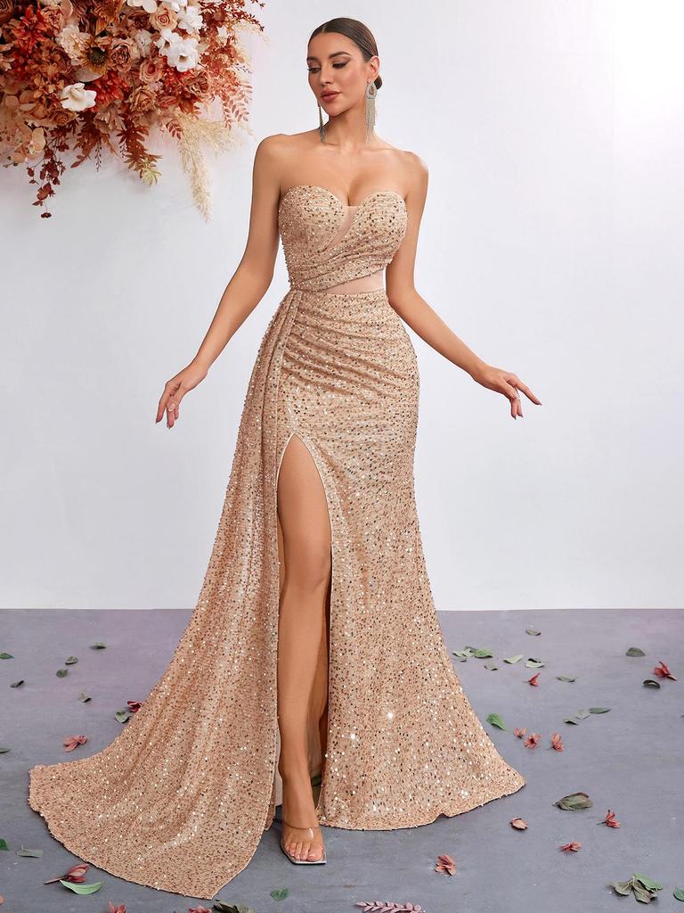 Sequined Strapless High-Waisted Mermaid Evening Gown