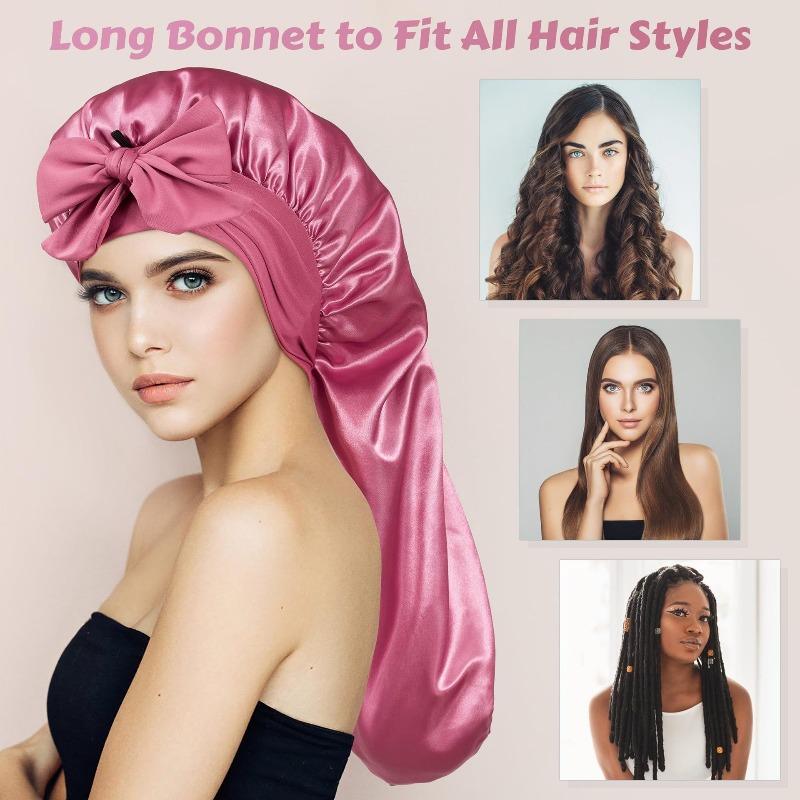 Simulation silk wide edge long tube nightcap, bow streamer long tail high elastic satin hair care cap