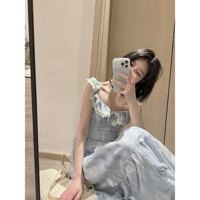 Blue Flower Unique Beautiful Temperament Dress Women's Summer Waist and Thin Temperament Square Neck Suspender Skirt
