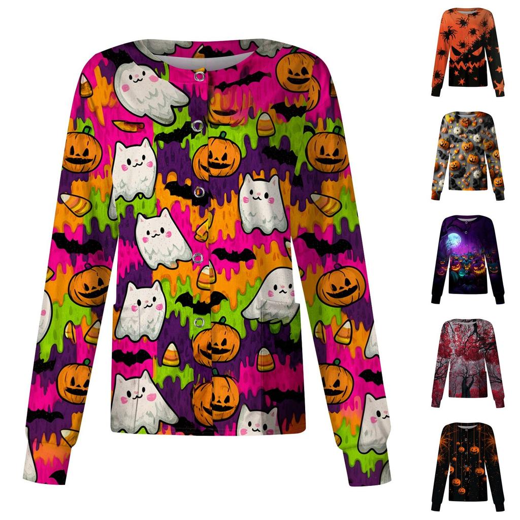 Women's Casual Long Sleeve Button Down Halloween Print Top for Costume Wear