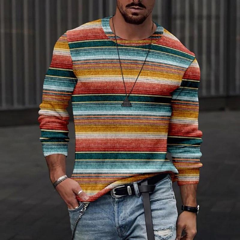 Rundhals 3D-bedrucktes Batik-Streifenmuster Top Modische lässige langärmelige Herren-T-Shirts