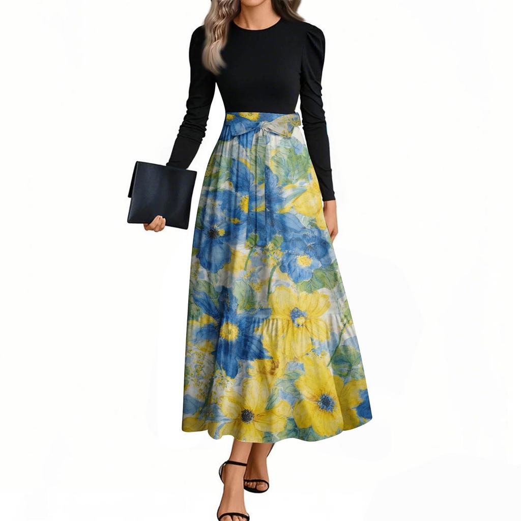 Rochii de damă la modă, casual, cu centură, cu mânecă lungă, cu gât rotund, cu imprimeu floral, elegante, cu temperament