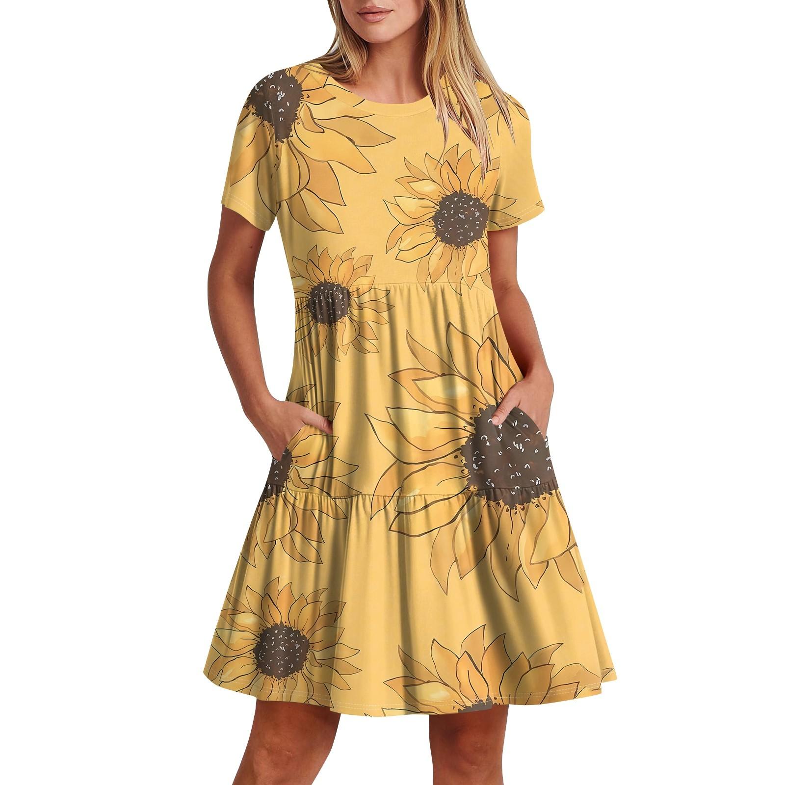 

Женское повседневное модное платье-миди с круглым вырезом и коротким рукавом с принтом и карманом XL жёлтый