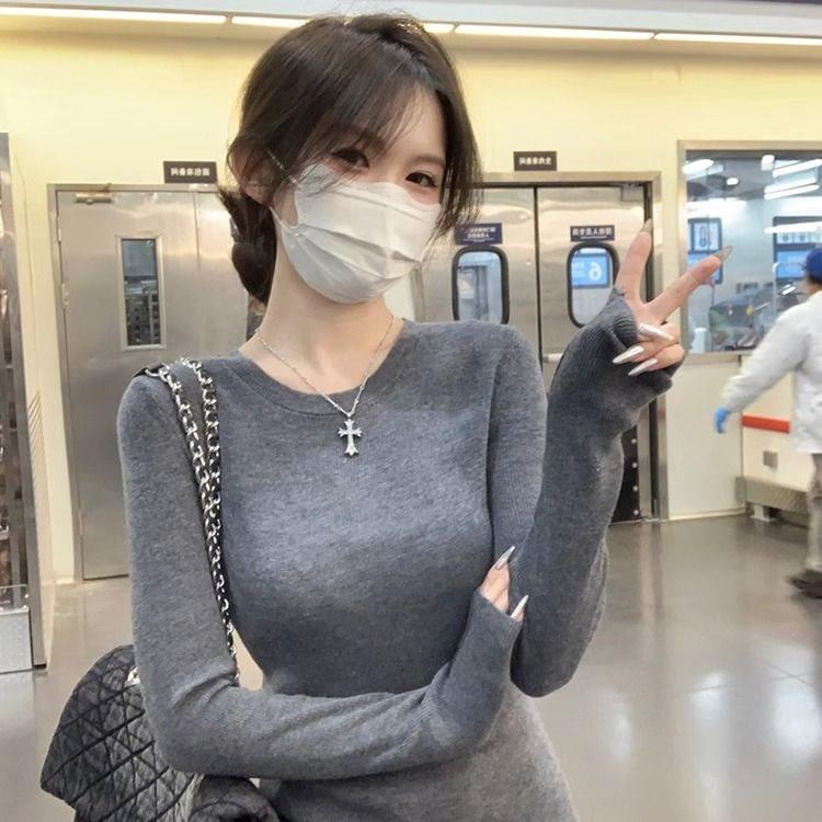 

Women s Gray Minimalist Round Neck Knitwear - Slimming Autumn/Spring Sweater Top M 49-53 kg