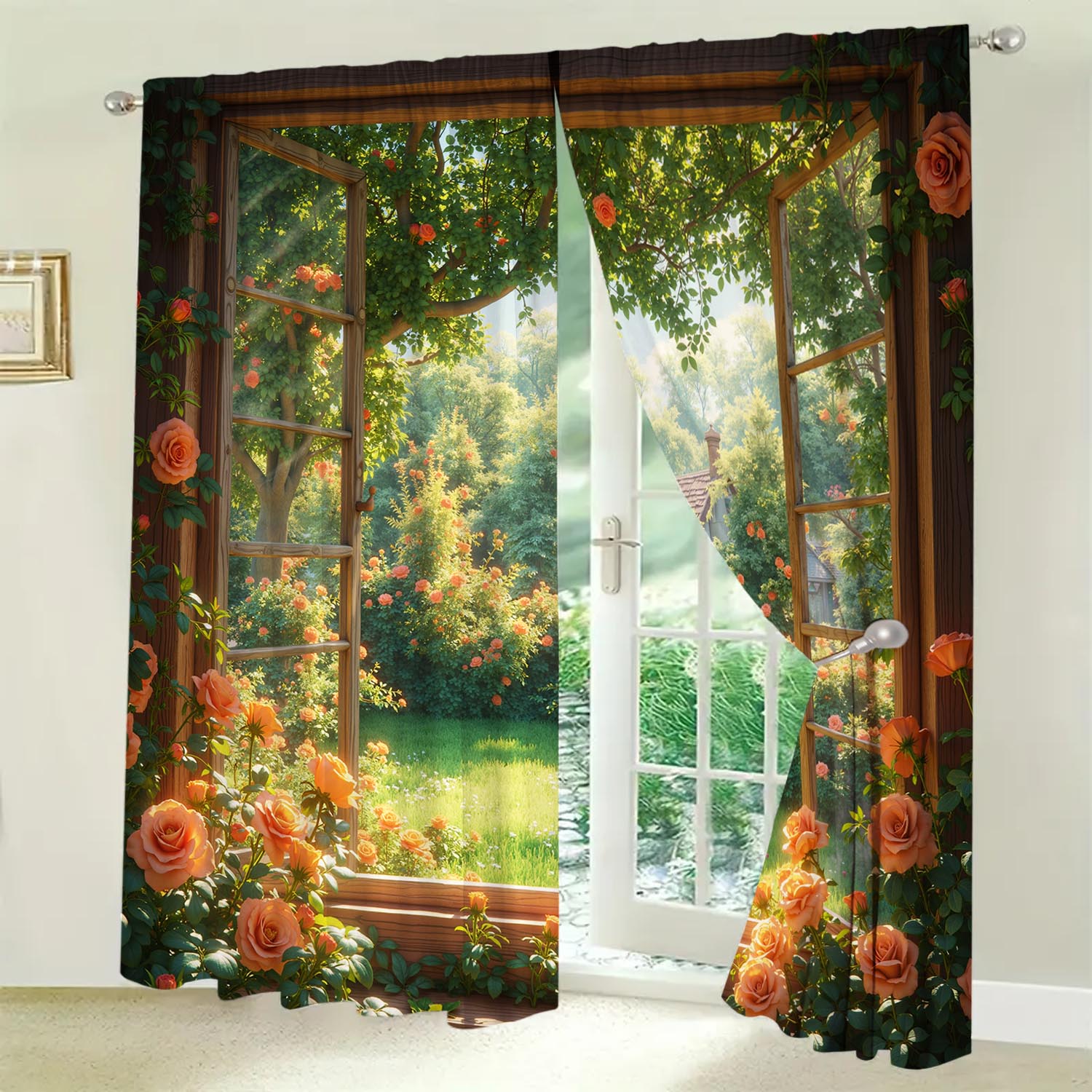 Set Of 2 Simulated Rose Garden Window Curtains Sunshade Privacy Protection Semi Curtain With Blackout Polyester W100*H70(CM)-Rod Pocket&1PCS
