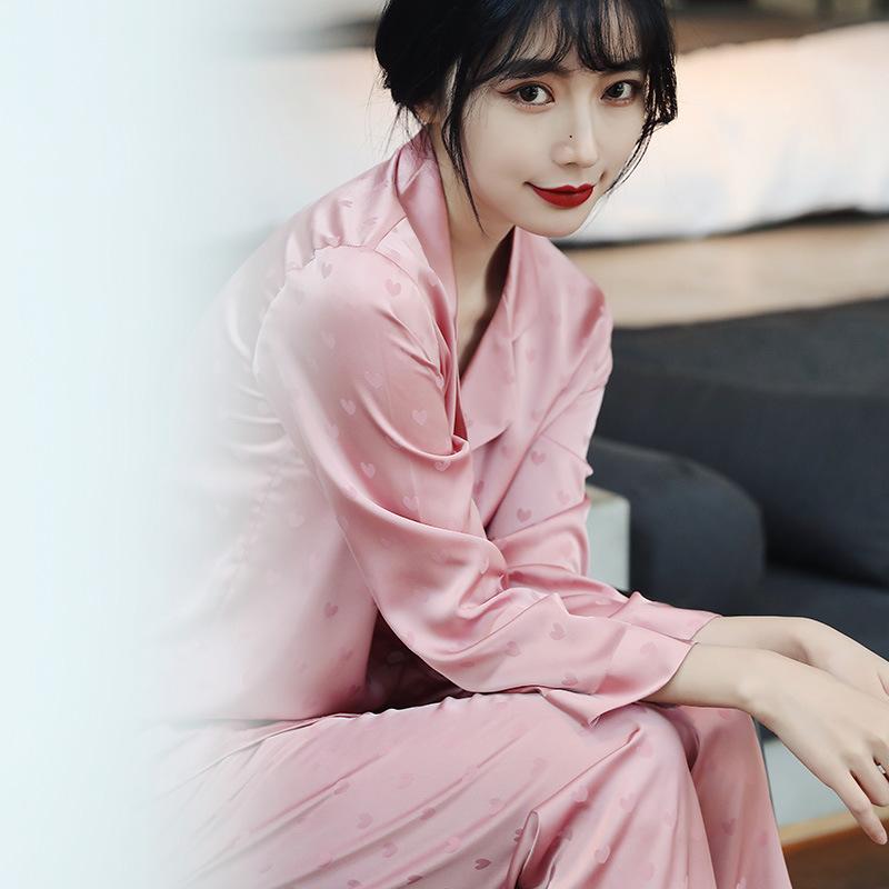 Women’s Spring Summer Ice Silk Pajama Set Long Sleeve Top and Pants Satin Heart Jacquard Lightweight Loungewear