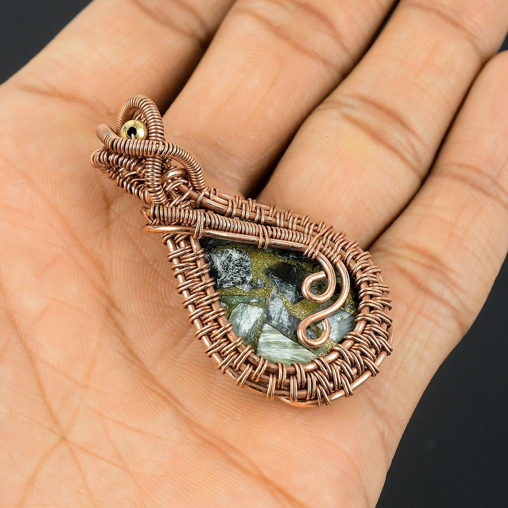 Copper Seraphinite Pendant, 999 Copper Wire Wrapped Gemstone Jewelry, Handmade Pendant, For Thanksgiving