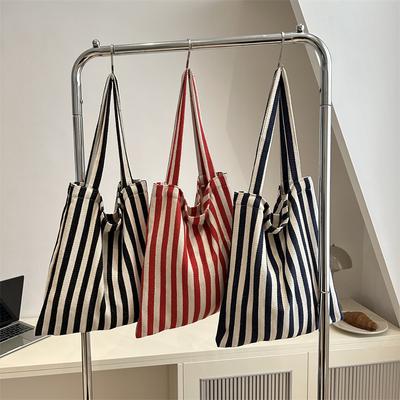 Bolsa de Lona Listrada Simples de Grande Capacidade Bolsa de Compras Fresca e Artística Bolsa Tote Simples e Moderna de Ombro Único