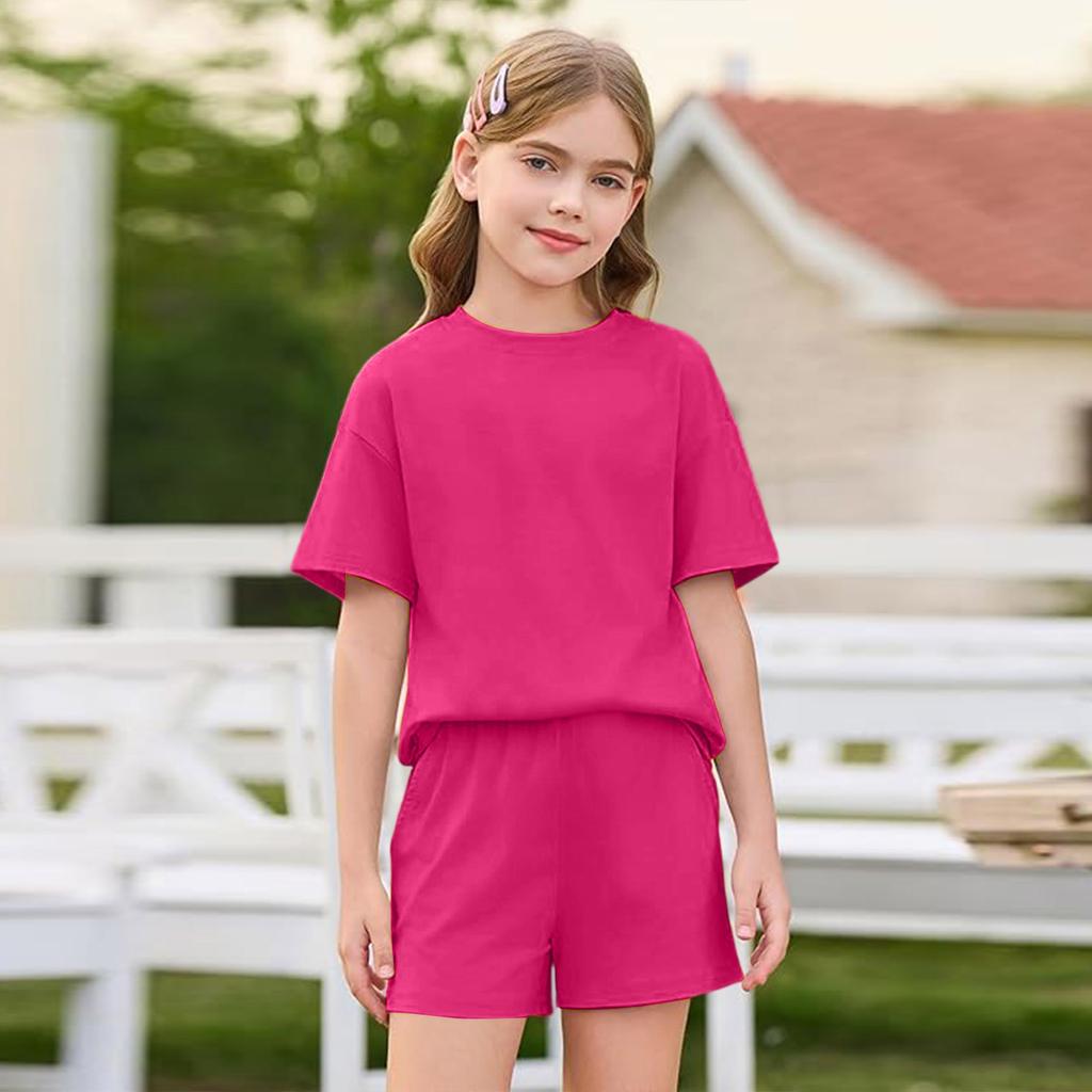 Girls Short Sleeve T Shirt and Shorts Set Soft Fabric Round Neck Relaxed Fit Casual Outfit for Kids and Teens