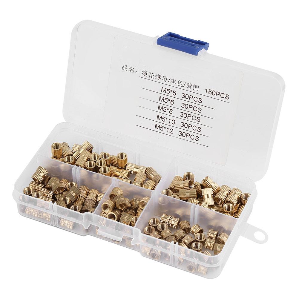 150Pcs M5 Brass Cylinder Knurled Nuts Threaded Insert Nuts Embedded Nuts Assortment Kit