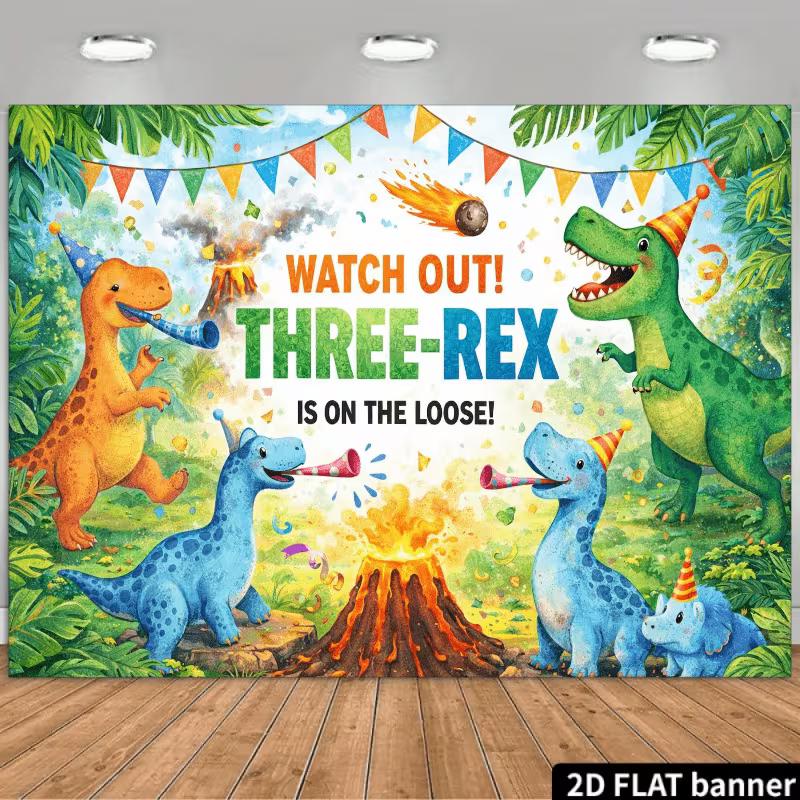 

2D Three Rex Dinosaur Backdrop, Jungle Volcano Photo Banner for Toddler 3rd Birthday 47.2x31.5inch/120*80cm