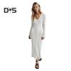 Fall Winter Women Dress V Neck Threa Loose Long Sleeves Solid Color Knitted Slim Waist Maxi Dress Stretchy Casual Dating Commuting Dress