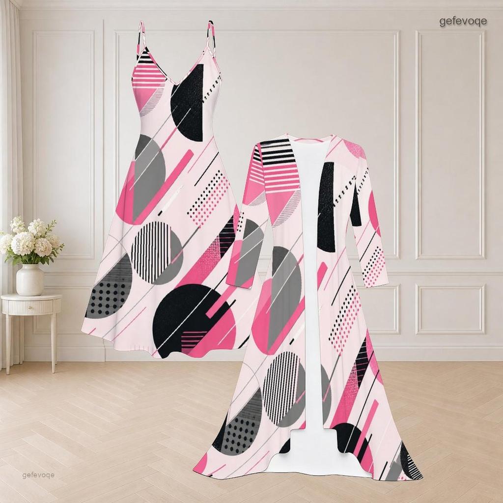 Women Plus Size Two Piece Set Geometric Leaf Printed Strappy V Neck Flared Dress And Long Sleeve Open Front Cardigan