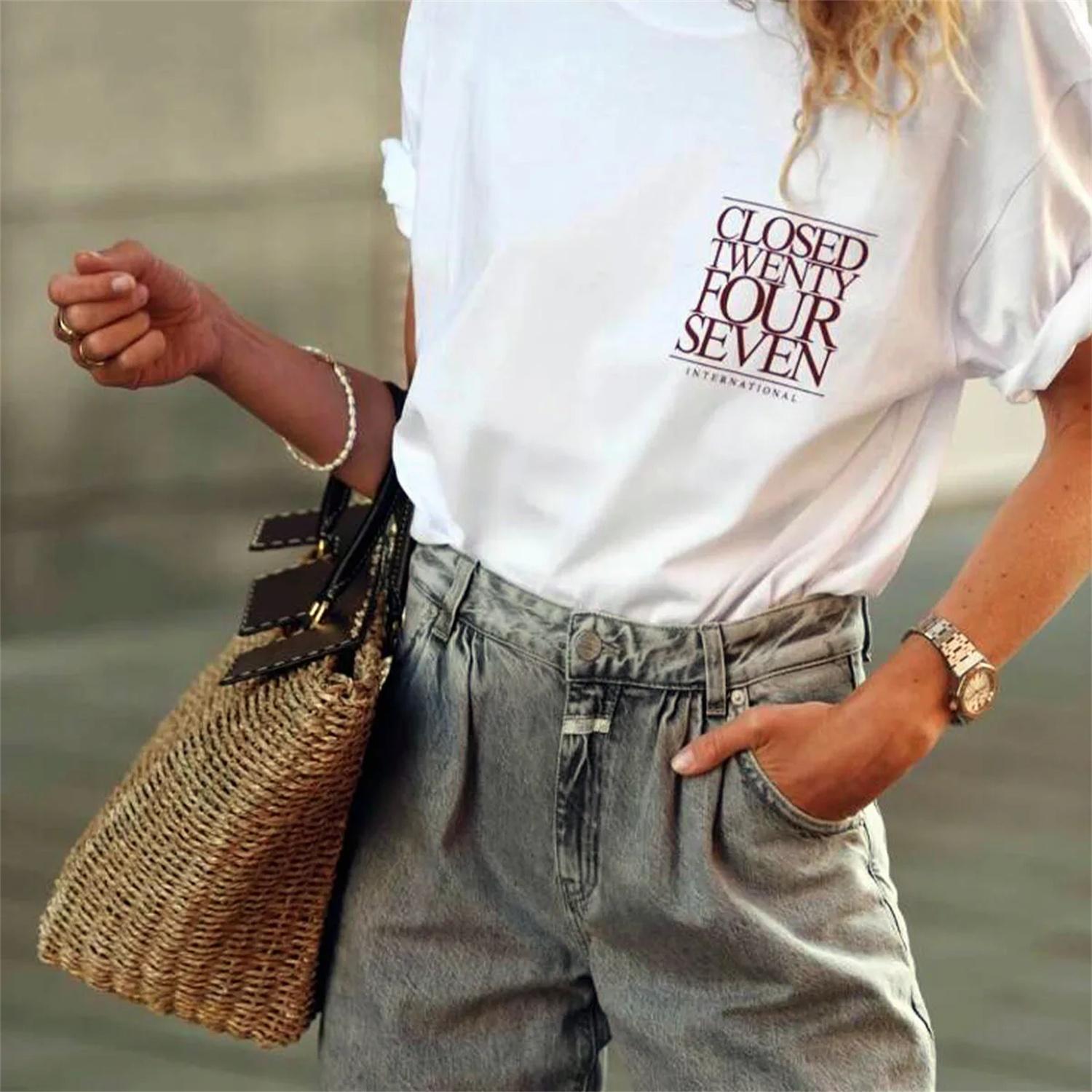 Closed Twenty Four Seven International Letters Printing Women Slogan T Shirts White Loose Cotton Summer Short Sleeve Casual Tees S
