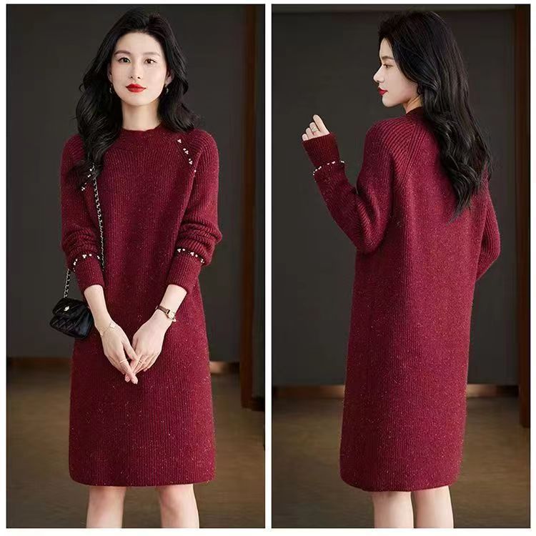 Pletené šaty pro ženy velkých velikostí Volný svetr střední délky s dlouhým rukávem Jednobarevný ležérní pulovr