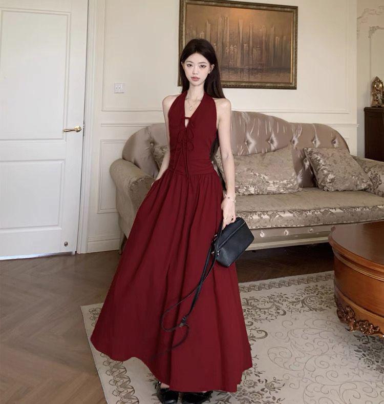 Korean Chic Backless Summer Dress - Solid Color, Unique Style, Long Girly Design